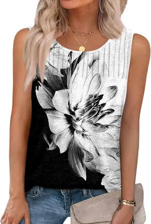 Tank Tops for Women Summer Fashion Crew Neck T Shirts Sleeveless Loose Pleated Floral Boho Tops Printed Basic Tee