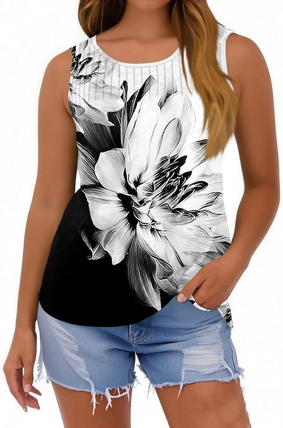 Tank Tops for Women Summer Fashion Crew Neck T Shirts Sleeveless Loose Pleated Floral Boho Tops Printed Basic Tee