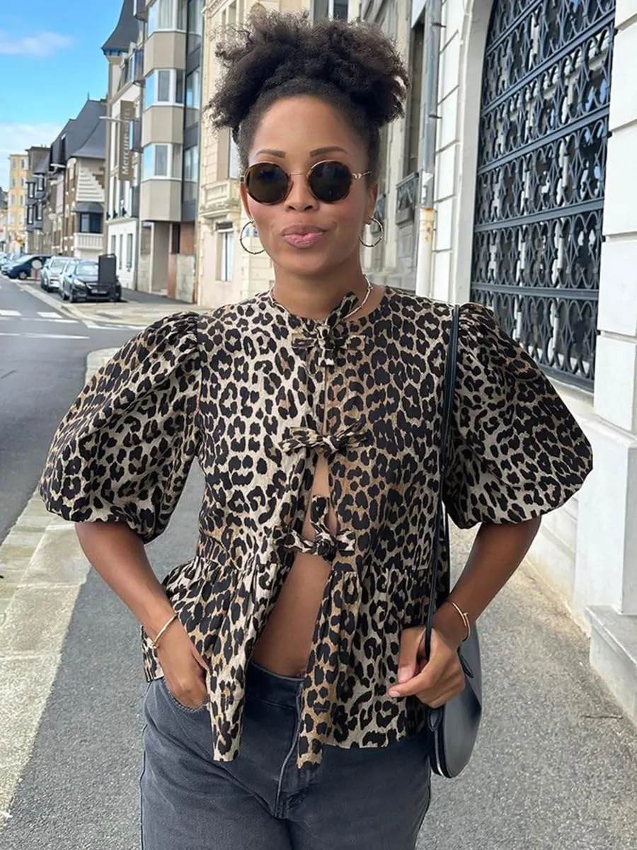 Tie Front Tops for Women Leopard Print Y2K Peplum Babydoll Tops Puff Short Sleeve Coquette Tops Cute Going Out Tops