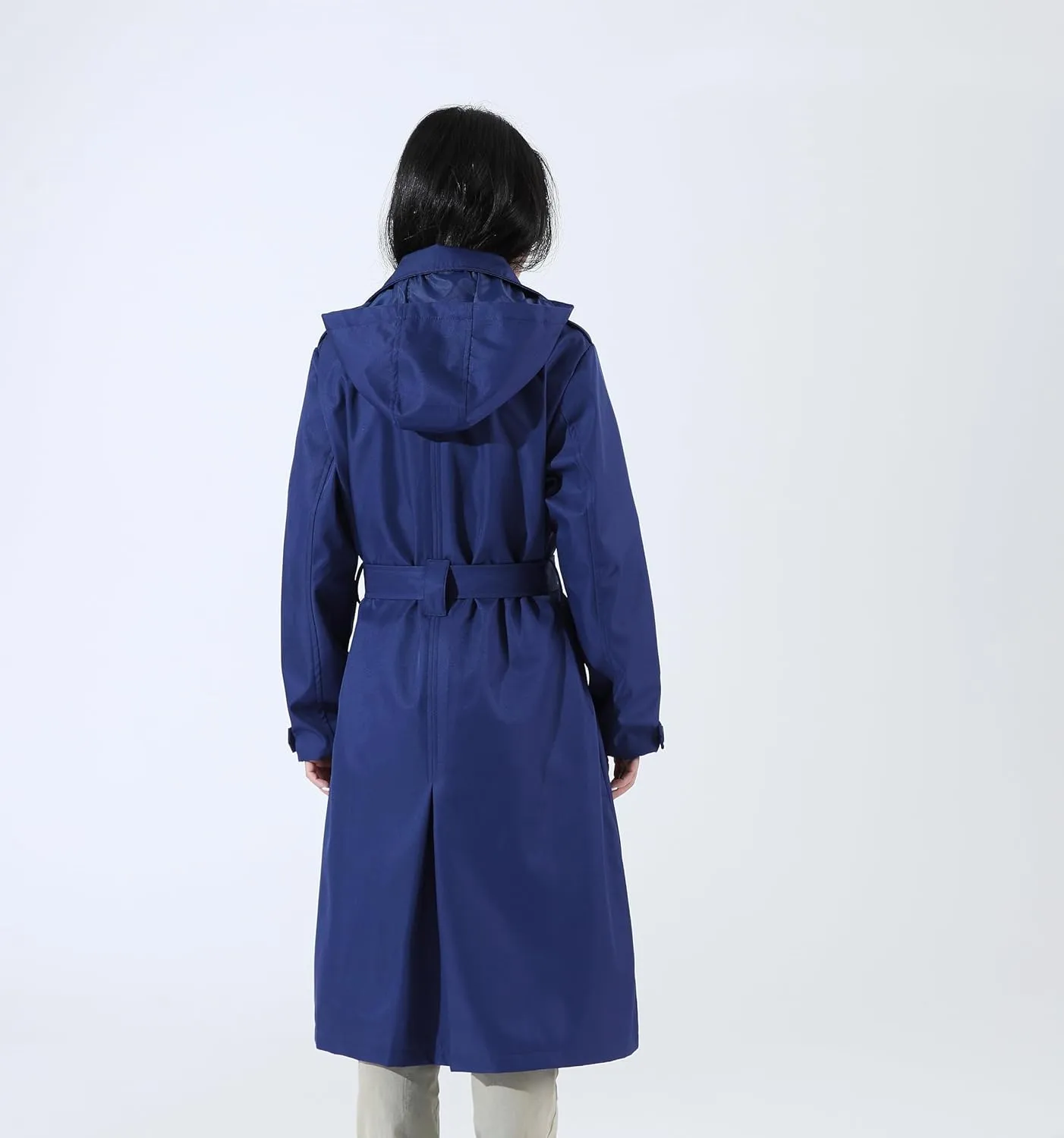 Trench Coats for Women, Double Breasted Mid-Length Belted Overcoat Long Dress Jacket with Detachable Hood