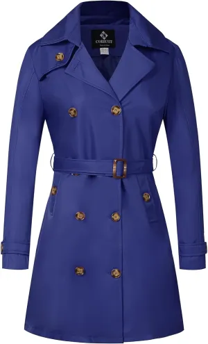 Trench Coats for Women, Double Breasted Mid-Length Belted Overcoat Long Dress Jacket with Detachable Hood