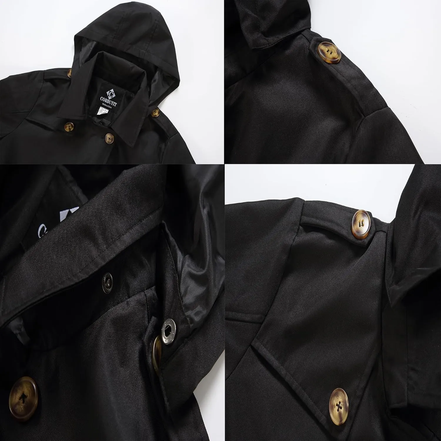 Trench Coats for Women, Double Breasted Mid-Length Belted Overcoat Long Dress Jacket with Detachable Hood