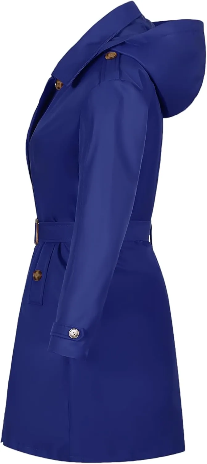 Trench Coats for Women, Double Breasted Mid-Length Belted Overcoat Long Dress Jacket with Detachable Hood