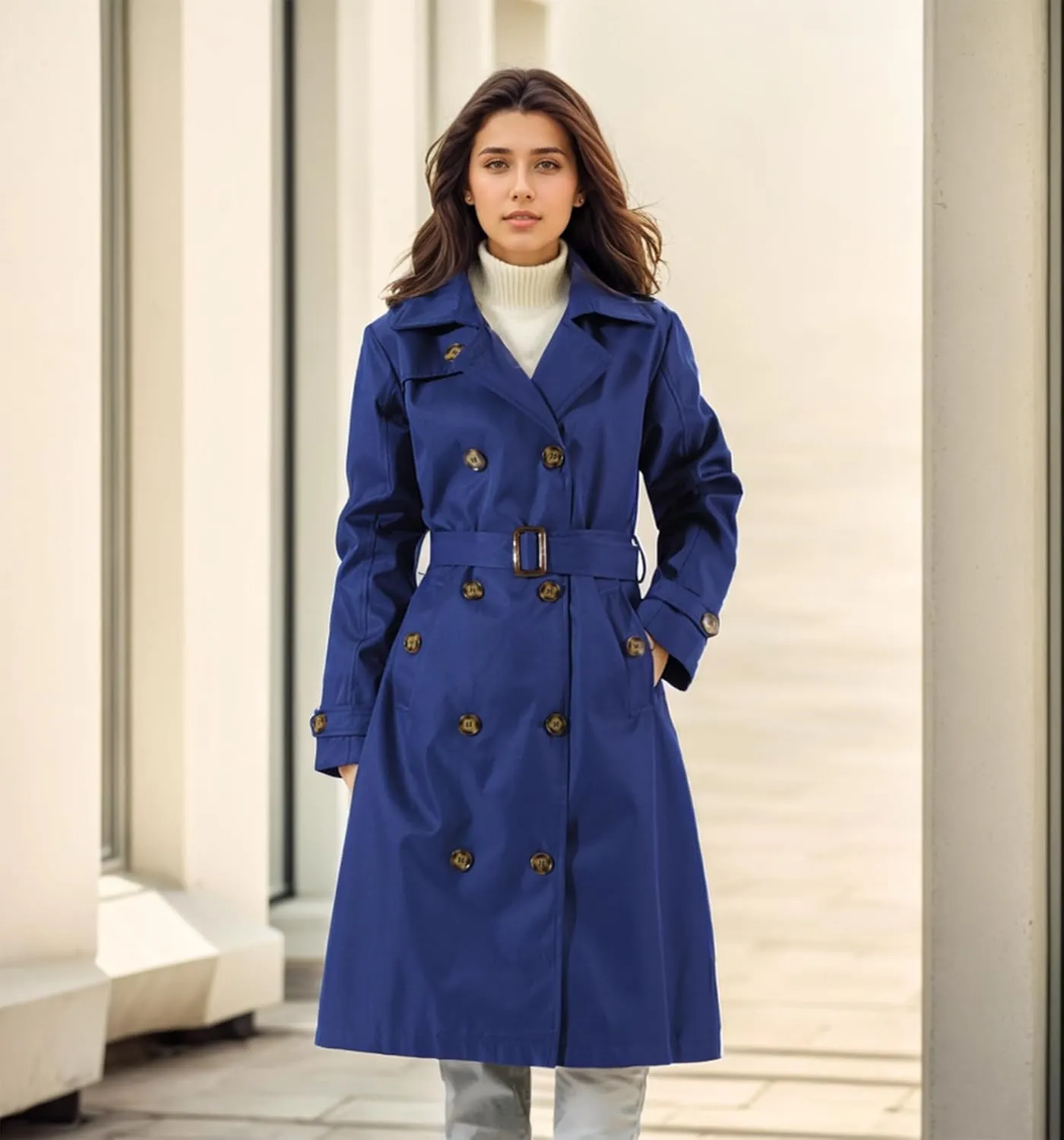 Trench Coats for Women, Double Breasted Mid-Length Belted Overcoat Long Dress Jacket with Detachable Hood