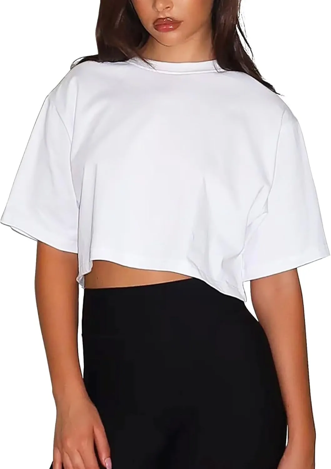 TZLDN Women Short Sleeve Oversized Cropped Tshirts Workout Loose Fit Boxy Tee Shirts Cotton Cute Basic Gym Summer Tops