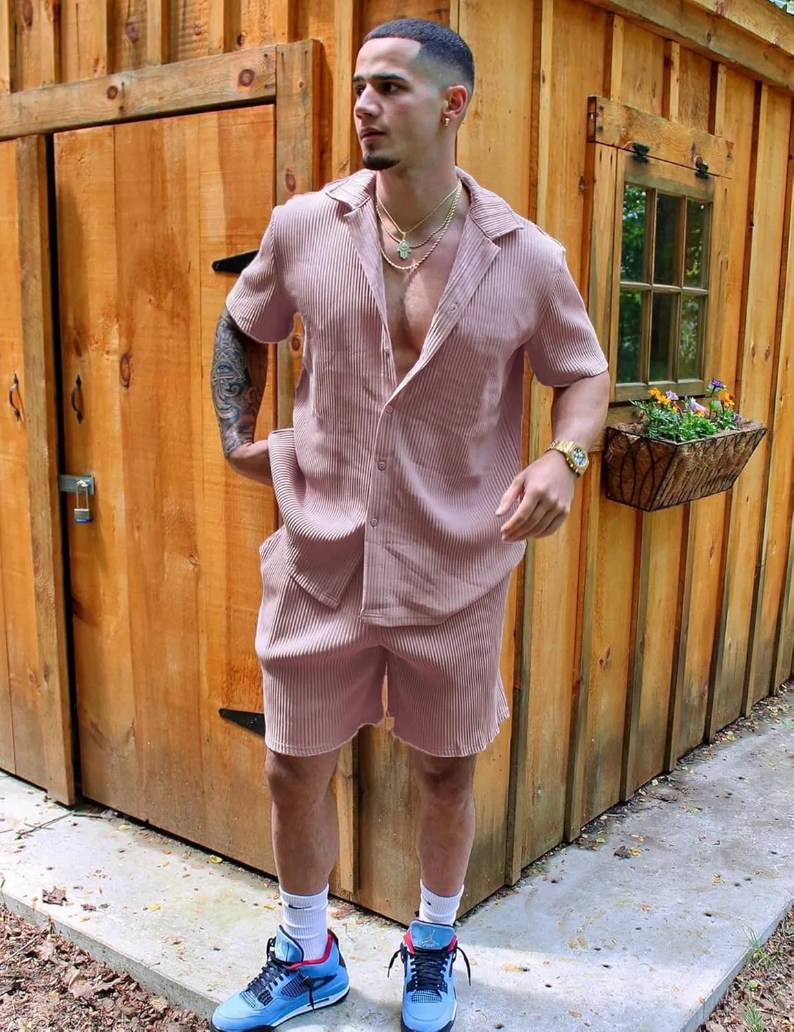 URRU Men's Shirt and Shorts Set Short Sleeve Casual Button Down 2 Piece Summer Outfits