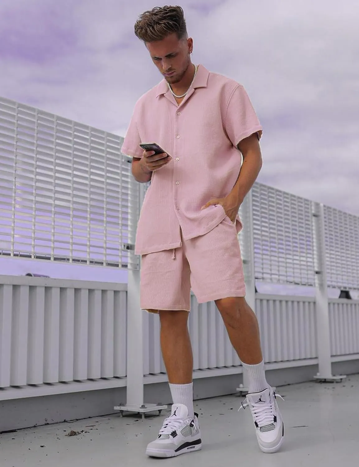 URRU Men's Shirt and Shorts Set Short Sleeve Casual Button Down 2 Piece Summer Outfits