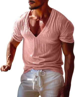 V Neck Raglan Muscle T-Shirts for Men V Neck Stretch Bodybuilding Workout Tee Shirts Beach Summer Casual Yoga T-Shirt