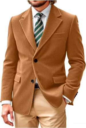 Wangyue Brown Corduroy Blazer for Men Regular Fit British Blazers and Sports Jackets Suit Long Sleeve Wedding Coats