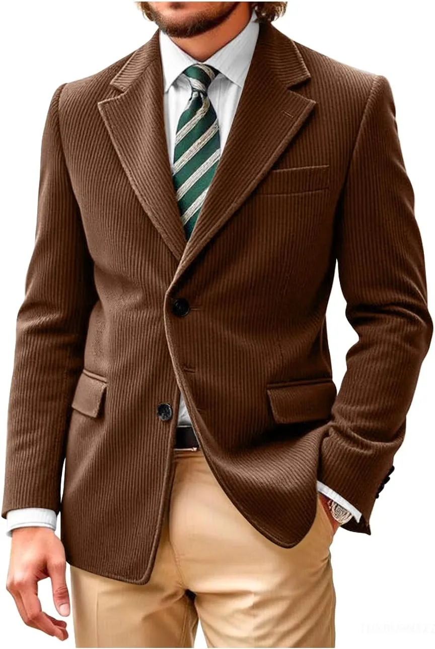 Wangyue Brown Corduroy Blazer for Men Regular Fit British Blazers and Sports Jackets Suit Long Sleeve Wedding Coats