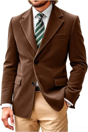Wangyue Brown Corduroy Blazer for Men Regular Fit British Blazers and Sports Jackets Suit Long Sleeve Wedding Coats