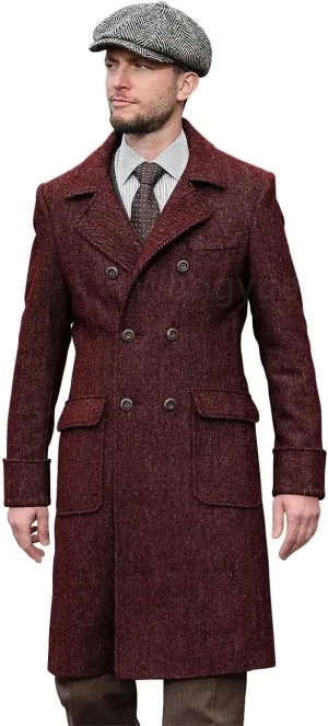 Wangyue Tweed Trench Coat Men Double Breasted Pea Coats Notch Collar Herringbone Tweed Overcoats Slim Fit Winter Wedding