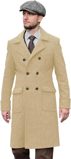 Wangyue Tweed Trench Coat Men Double Breasted Pea Coats Notch Collar Herringbone Tweed Overcoats Slim Fit Winter Wedding