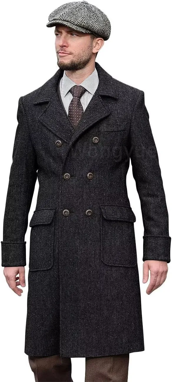 Wangyue Tweed Trench Coat Men Double Breasted Pea Coats Notch Collar Herringbone Tweed Overcoats Slim Fit Winter Wedding
