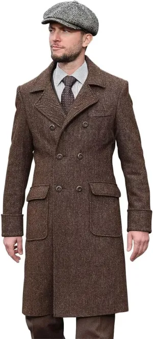 Wangyue Tweed Trench Coat Men Double Breasted Pea Coats Notch Collar Herringbone Tweed Overcoats Slim Fit Winter Wedding