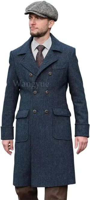 Wangyue Tweed Trench Coat Men Double Breasted Pea Coats Notch Collar Herringbone Tweed Overcoats Slim Fit Winter Wedding