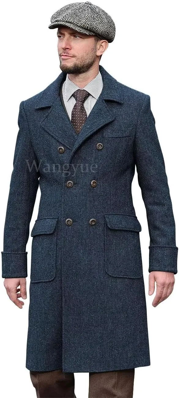 Wangyue Tweed Trench Coat Men Double Breasted Pea Coats Notch Collar Herringbone Tweed Overcoats Slim Fit Winter Wedding