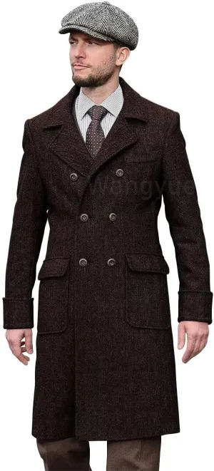 Wangyue Tweed Trench Coat Men Double Breasted Pea Coats Notch Collar Herringbone Tweed Overcoats Slim Fit Winter Wedding