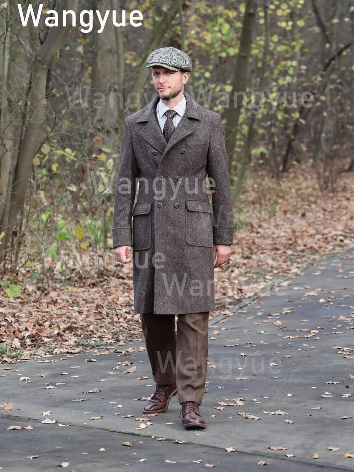 Wangyue Tweed Trench Coat Men Double Breasted Pea Coats Notch Collar Herringbone Tweed Overcoats Slim Fit Winter Wedding