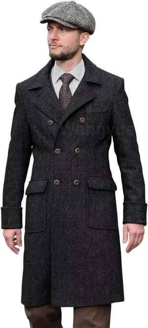 Wangyue Tweed Trench Coat Men Double Breasted Pea Coats Notch Collar Herringbone Tweed Overcoats Slim Fit Winter Wedding