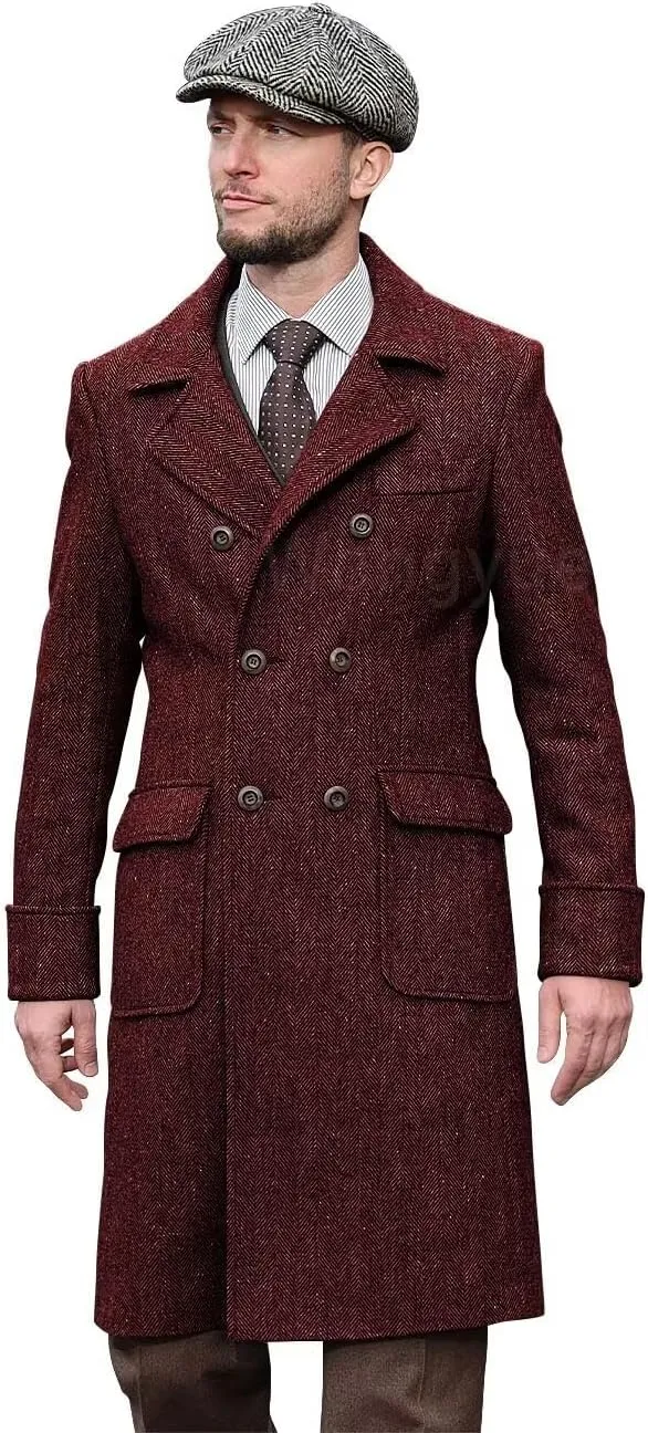 Wangyue Tweed Trench Coat Men Double Breasted Pea Coats Notch Collar Herringbone Tweed Overcoats Slim Fit Winter Wedding