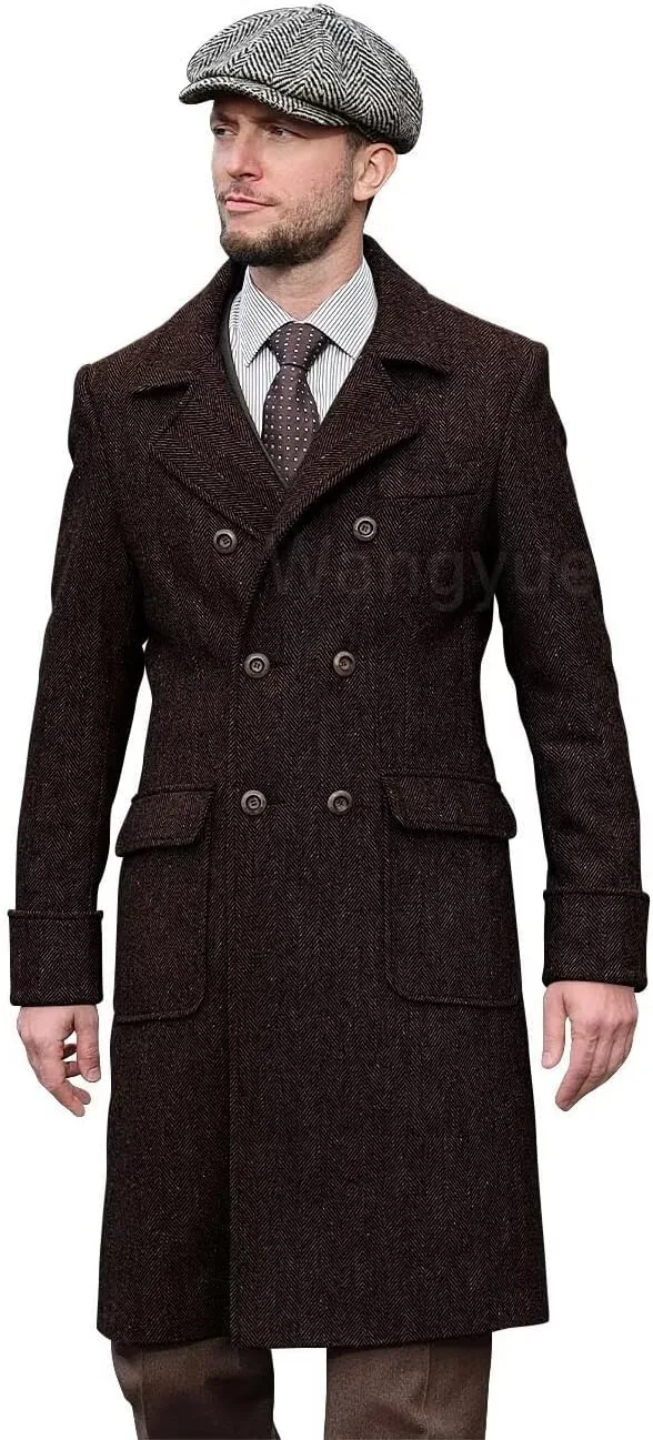 Wangyue Tweed Trench Coat Men Double Breasted Pea Coats Notch Collar Herringbone Tweed Overcoats Slim Fit Winter Wedding