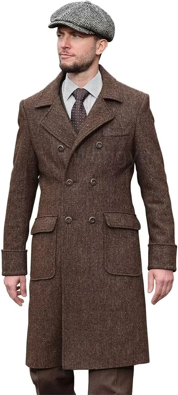 Wangyue Tweed Trench Coat Men Double Breasted Pea Coats Notch Collar Herringbone Tweed Overcoats Slim Fit Winter Wedding