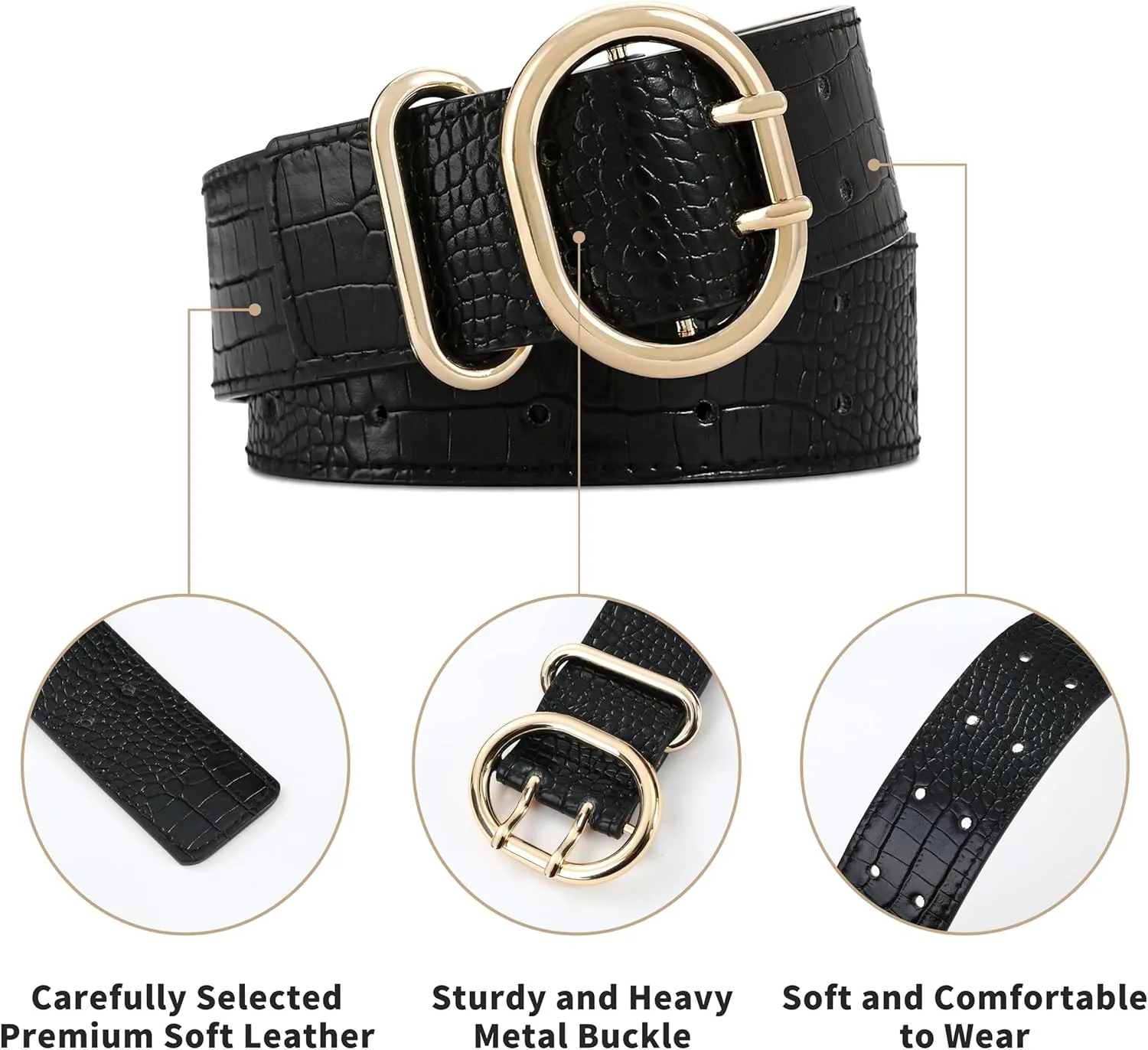 Wide Belts for Women Leather Wide Belts Fashion Thick Black Belt With Gold Buckle Belt for Dresses