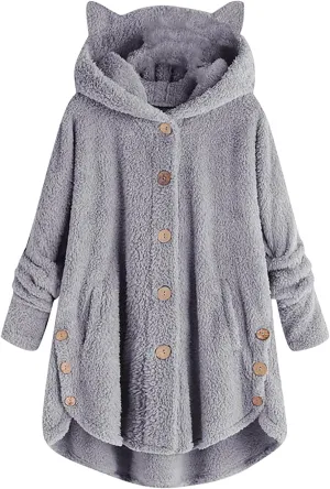 Winter Coats for Women 2023 Trendy Cat Ear Fleece Jacket Womens Fashion Oversized Hoodies Sweatshirt Long Sleeve Shirts Button Down Lightweight Sweaters Cardigan Teen Girl Gifts(E Gray,X-Large)