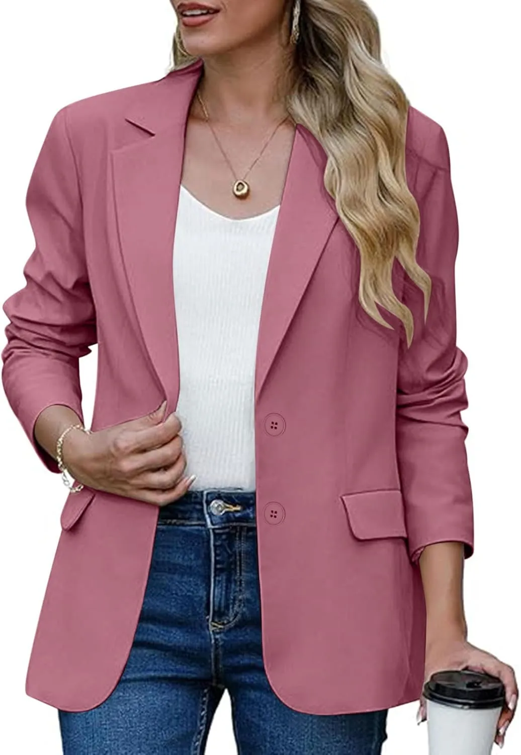 Women Business Casual Blazer with Lined,Professional Work Suit Jacket with Pockets，Long Sleeve Button Open Front