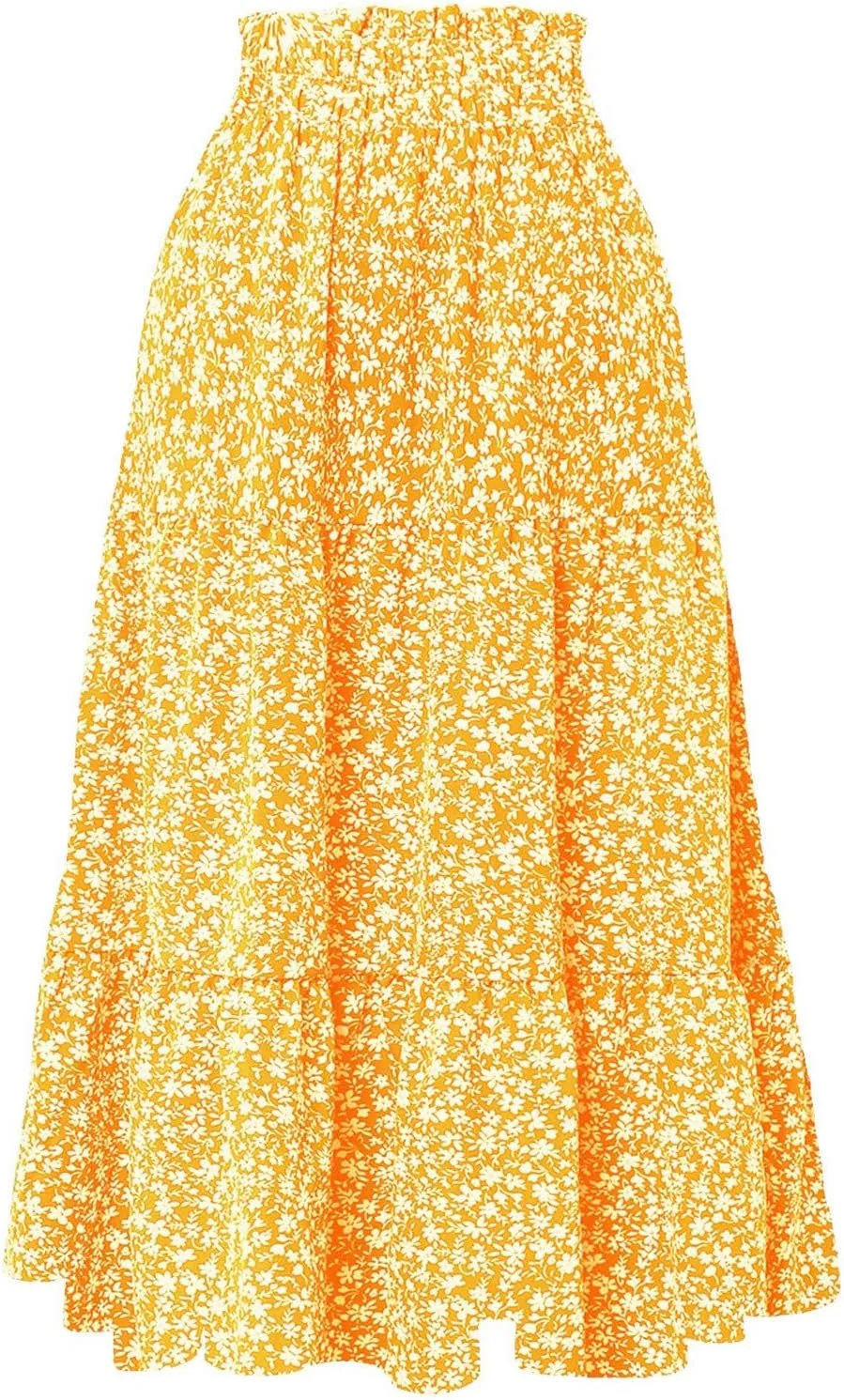 Women Casual Flowy Long Skirts Boho Floral Elastic High Waist Tiered Pleated Summer Maxi Beach Skirt