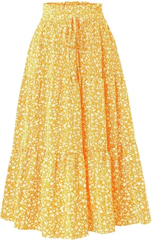 Women Casual Flowy Long Skirts Boho Floral Elastic High Waist Tiered Pleated Summer Maxi Beach Skirt