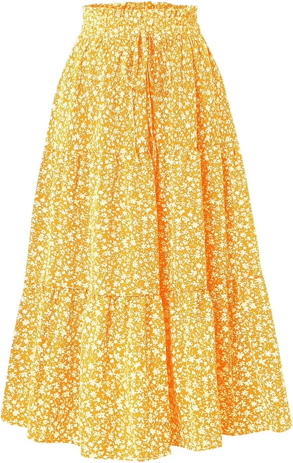 Women Casual Flowy Long Skirts Boho Floral Elastic High Waist Tiered Pleated Summer Maxi Beach Skirt