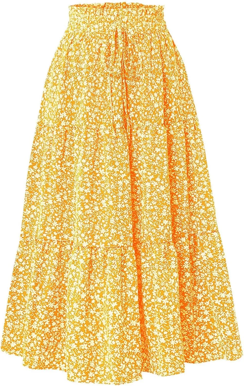 Women Casual Flowy Long Skirts Boho Floral Elastic High Waist Tiered Pleated Summer Maxi Beach Skirt