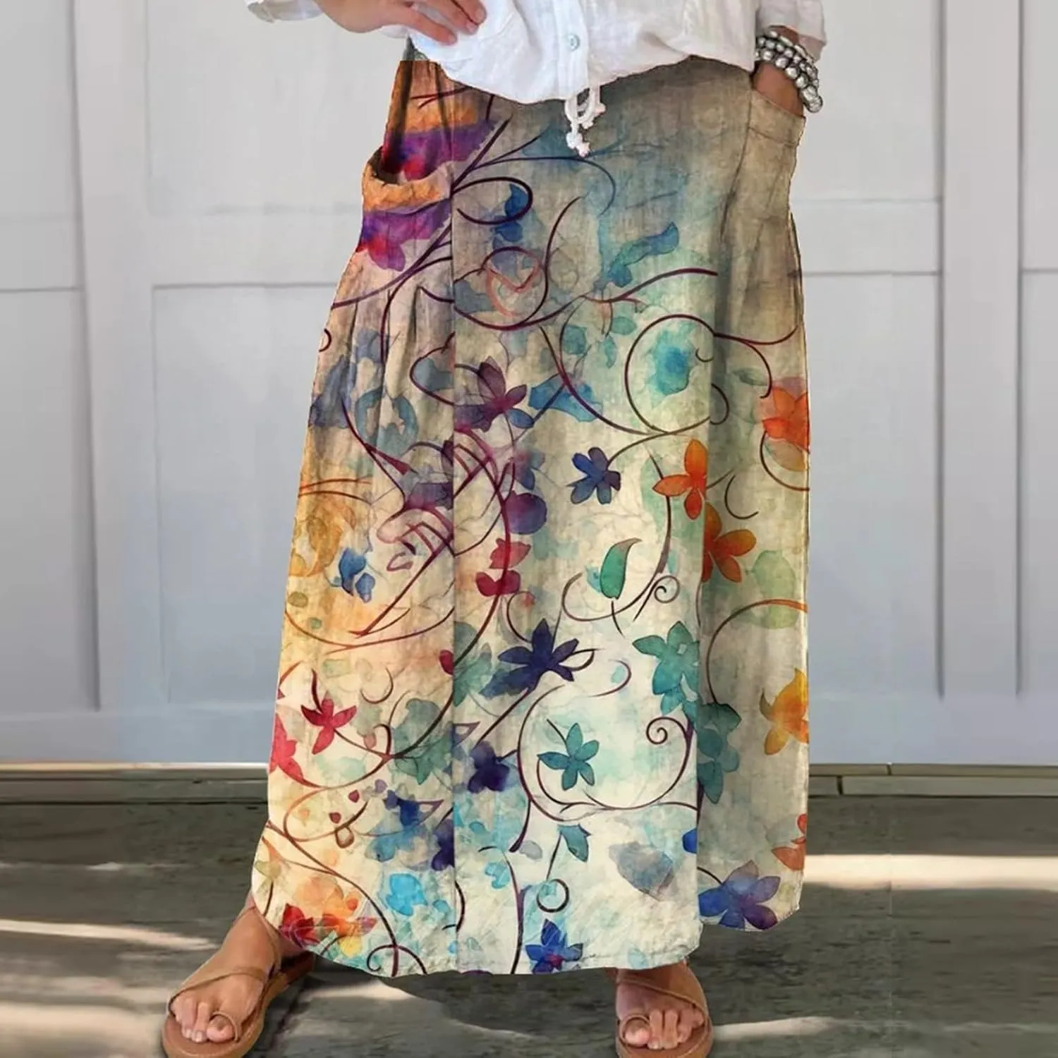 Women Casual Summer Boho Floral Maxi Skirt Elastic High Waist Tiered Pleated Flowy Long Beach Skirt