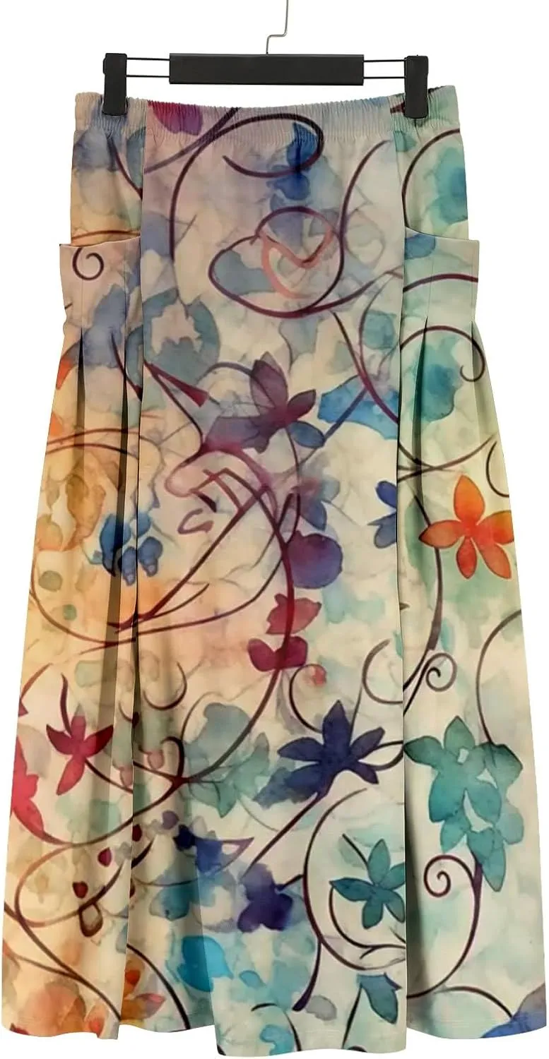Women Casual Summer Boho Floral Maxi Skirt Elastic High Waist Tiered Pleated Flowy Long Beach Skirt