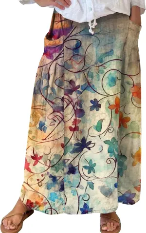 Women Casual Summer Boho Floral Maxi Skirt Elastic High Waist Tiered Pleated Flowy Long Beach Skirt