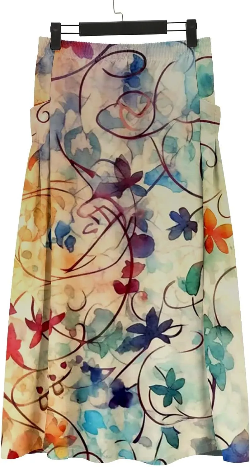 Women Casual Summer Boho Floral Maxi Skirt Elastic High Waist Tiered Pleated Flowy Long Beach Skirt