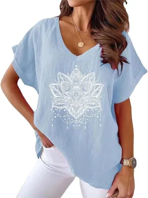 Women Cotton Linen Tops Causal Summer Short Sleeve Oversized T Shirts V Neck Loose Blouses
