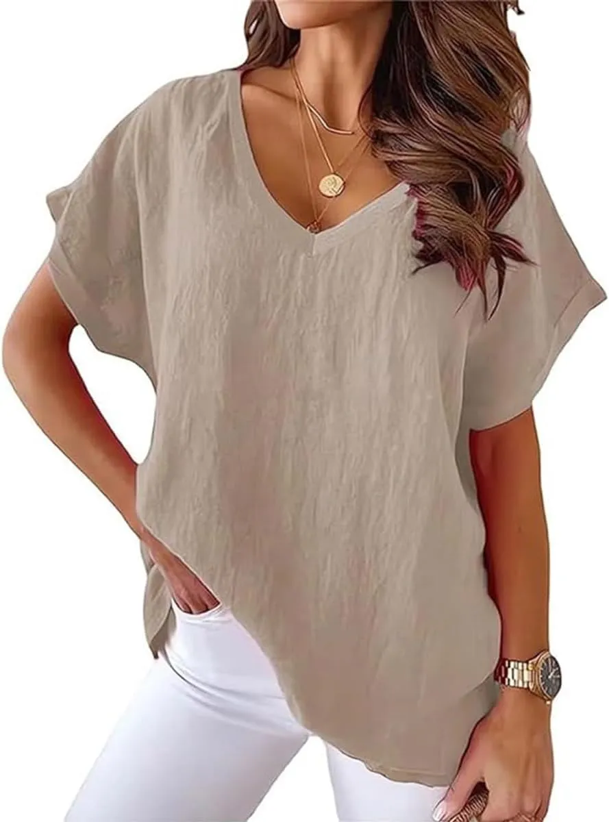 Women Cotton Linen Tops Causal Summer Short Sleeve Oversized T Shirts V Neck Loose Blouses