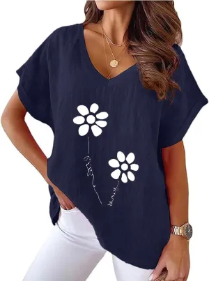 Women Cotton Linen Tops Causal Summer Short Sleeve Oversized T Shirts V Neck Loose Blouses