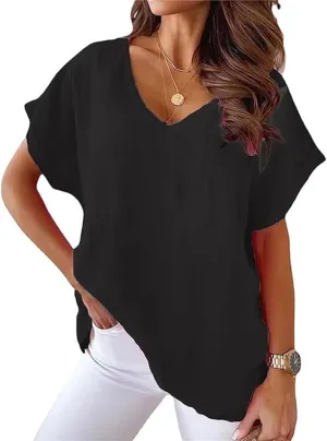 Women Cotton Linen Tops Causal Summer Short Sleeve Oversized T Shirts V Neck Loose Blouses