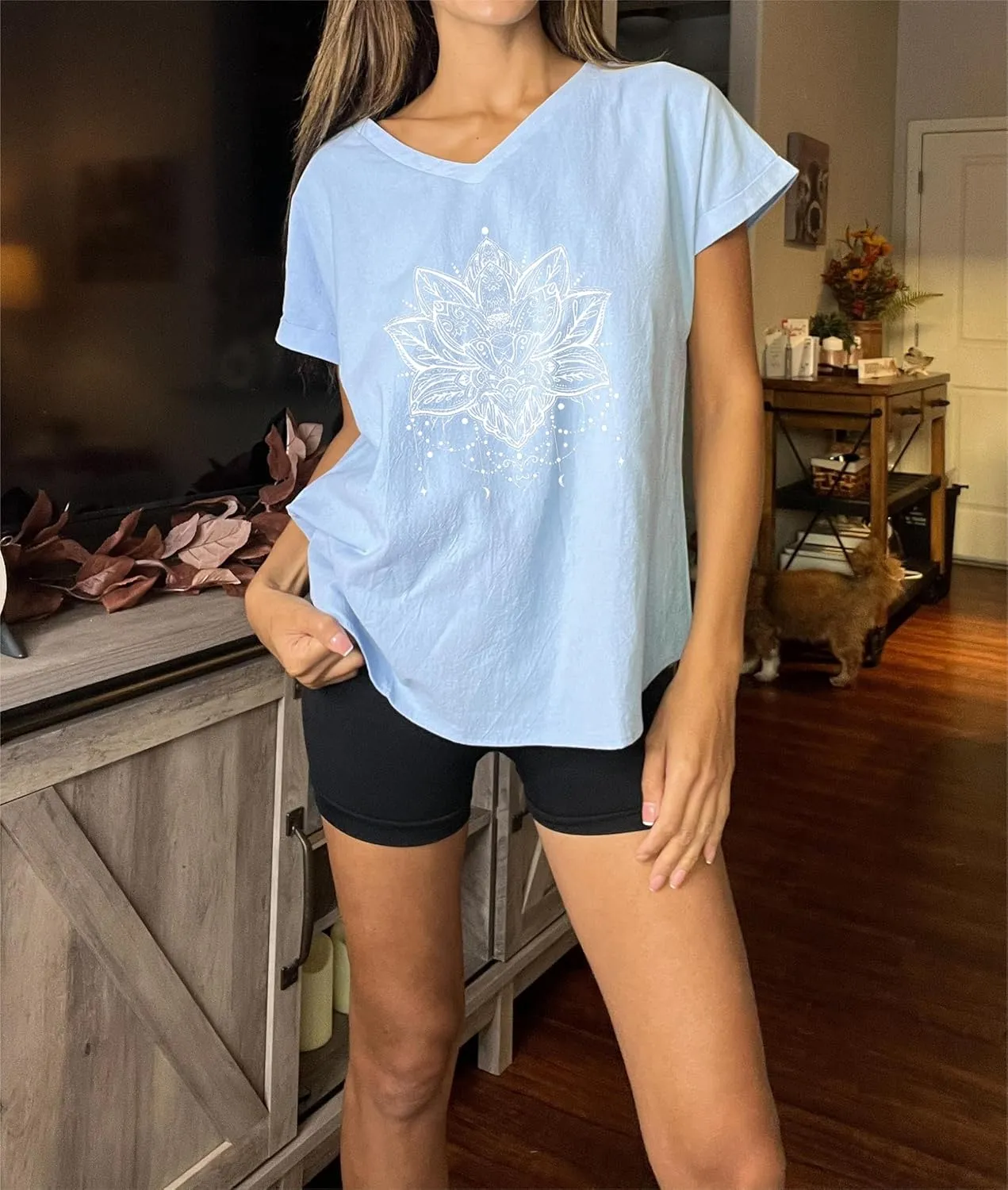 Women Cotton Linen Tops Causal Summer Short Sleeve Oversized T Shirts V Neck Loose Blouses