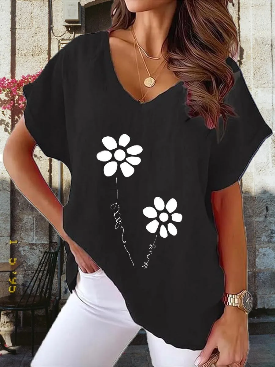 Women Cotton Linen Tops Causal Summer Short Sleeve Oversized T Shirts V Neck Loose Blouses