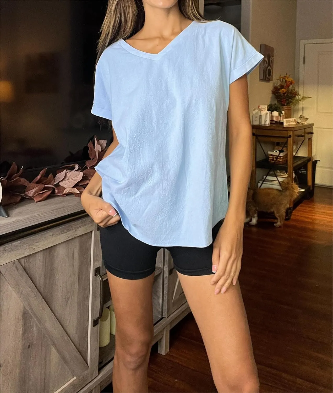 Women Cotton Linen Tops Causal Summer Short Sleeve Oversized T Shirts V Neck Loose Blouses