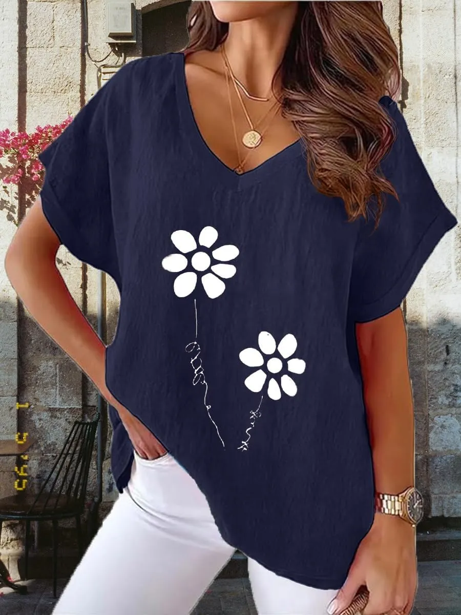 Women Cotton Linen Tops Causal Summer Short Sleeve Oversized T Shirts V Neck Loose Blouses