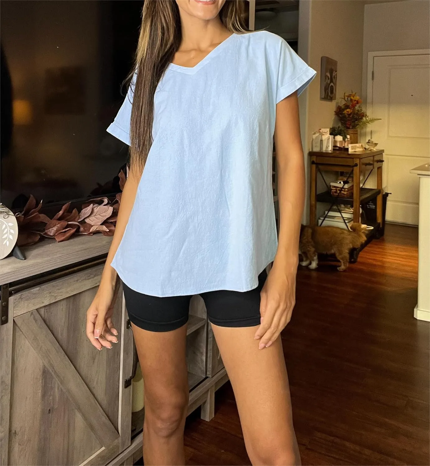 Women Cotton Linen Tops Causal Summer Short Sleeve Oversized T Shirts V Neck Loose Blouses
