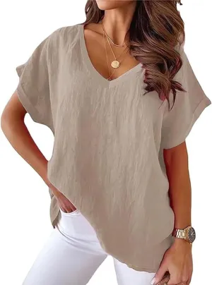Women Cotton Linen Tops Causal Summer Short Sleeve Oversized T Shirts V Neck Loose Blouses