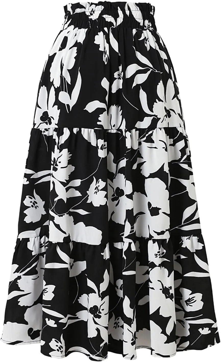 Women Elastic High Waist Boho Floral Maxi Skirt Tiered Pleated Flowy Long Summer Casual Beach Skirt with Pockets
