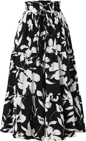 Women Elastic High Waist Boho Floral Maxi Skirt Tiered Pleated Flowy Long Summer Casual Beach Skirt with Pockets
